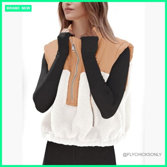 Cropped Fleece Sherpa Vest with Half Zipper and Pockets - Picture 2 of 7